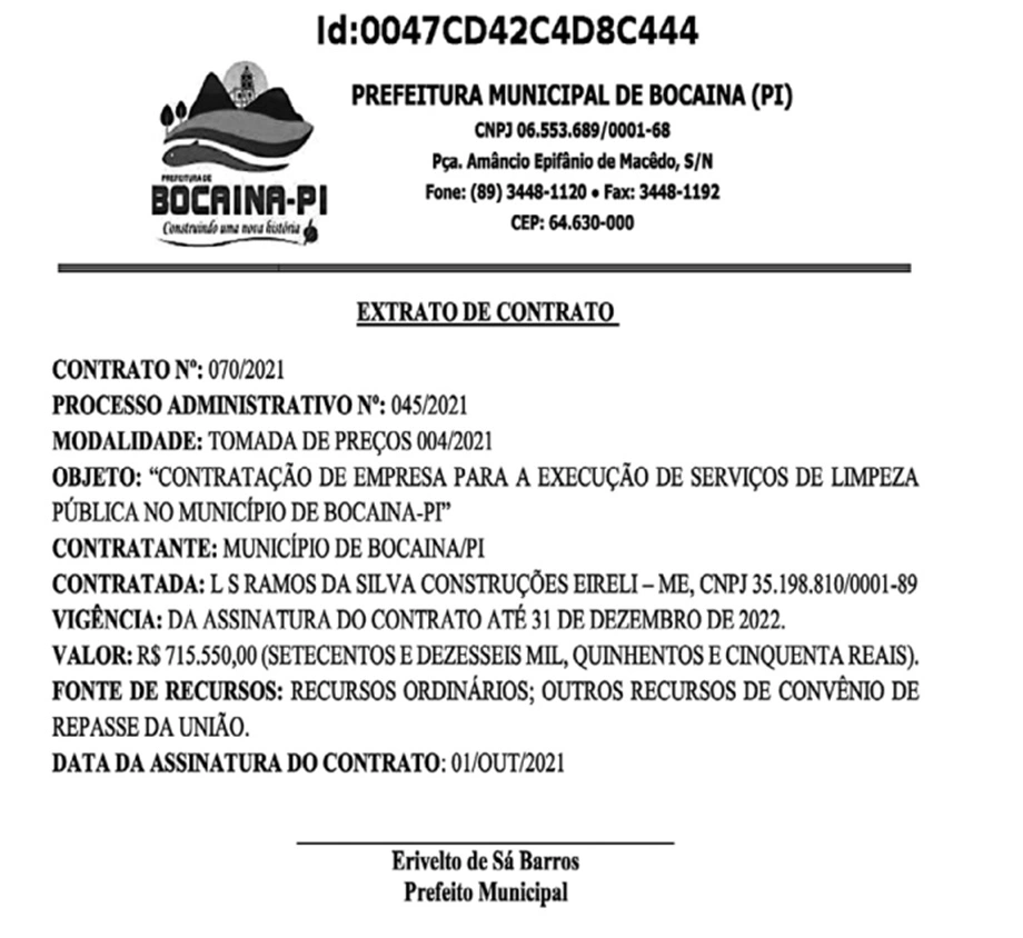 Prefeito de Bocaina vai gastar R$ 715 mil com serviços de limpeza