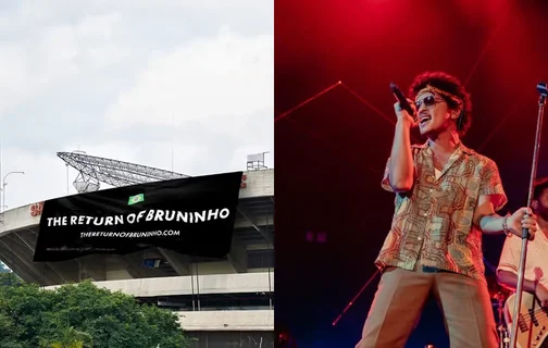Do lado direito, o anúncio da produtora de Evento Live Nation Brasil e a esquerda o cantor Bruno Mars
