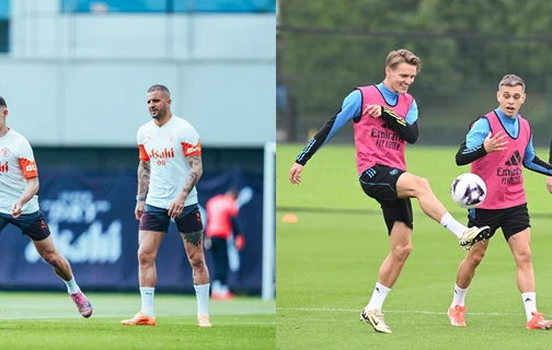 Manchester City e Arsenal em seus treinos para a última rodada, que acontece neste domingo (19)