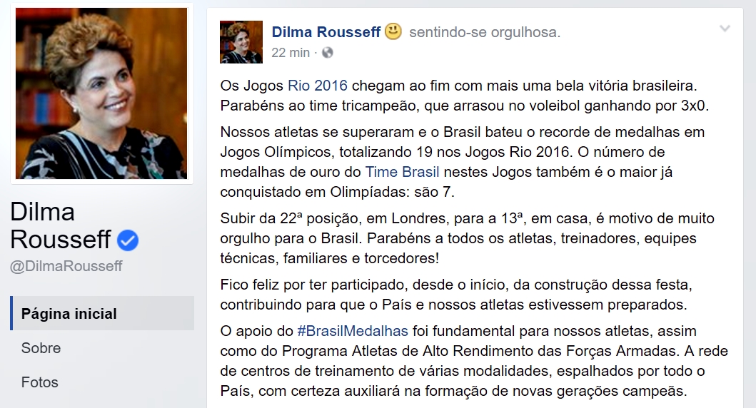 Dilma Rousseff parabeniza atletas olímpicos