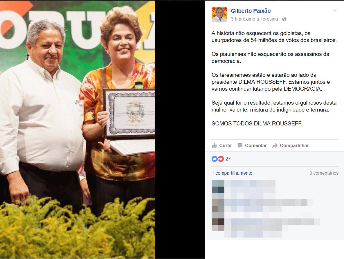 Gilberto Paixão afirma que sente orgulho de Dilma Rousseff