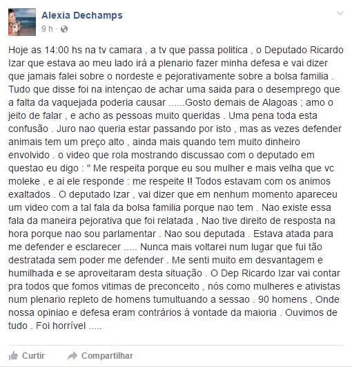 Alexia Dechamps se pronuncia no Facebook