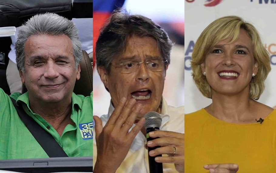 Os principais candidatos à presidência no Equador: Lenín Moreno, Guillermo Lasso e Cynthia Viteri