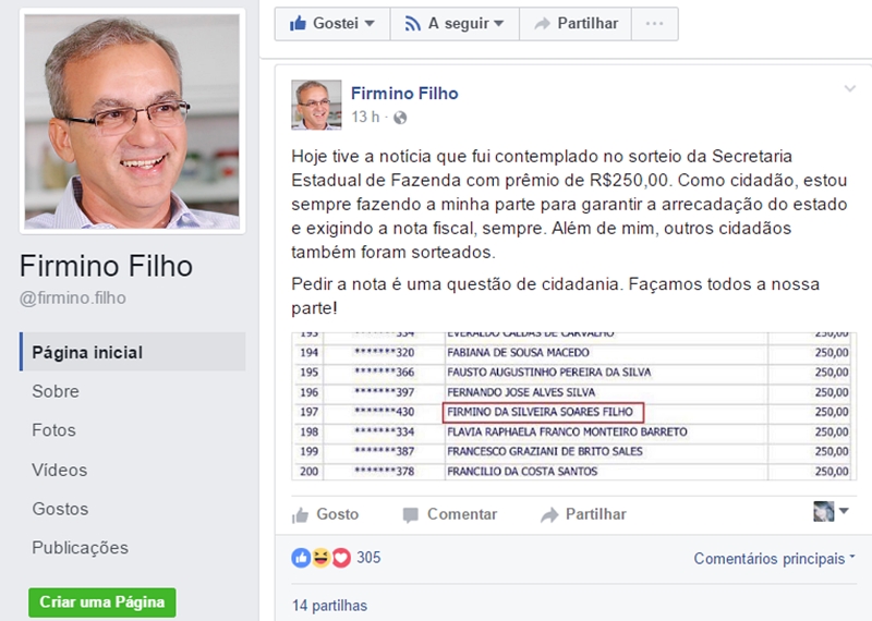 Firmino Filho ganha R$ 250 na Nota Piauiense