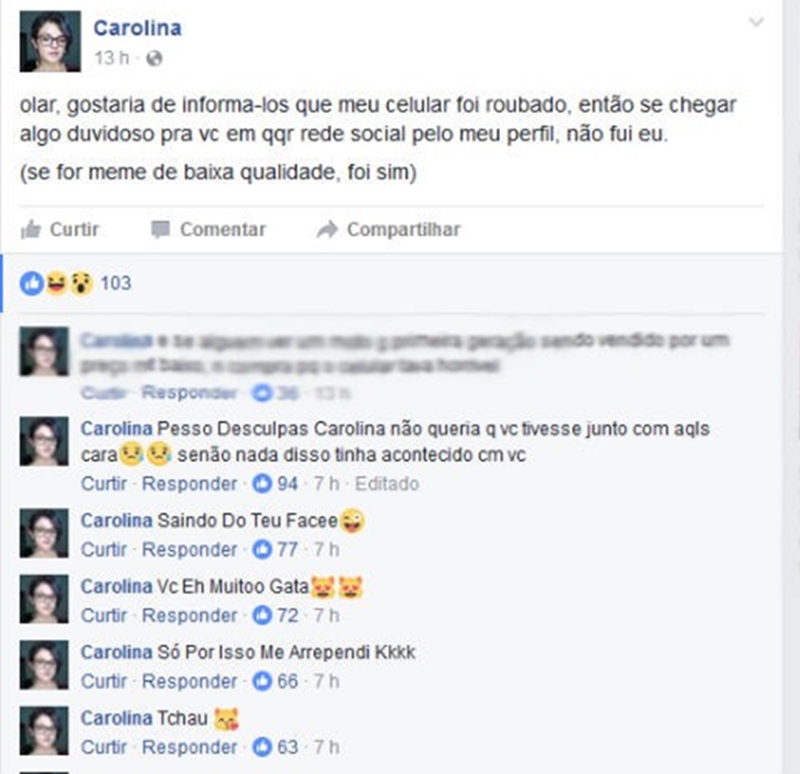 Assaltante pediu desculpas para Carolina no Facebook