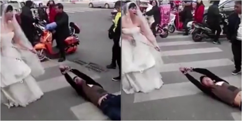 Noiva arrasta homem para casamento na China