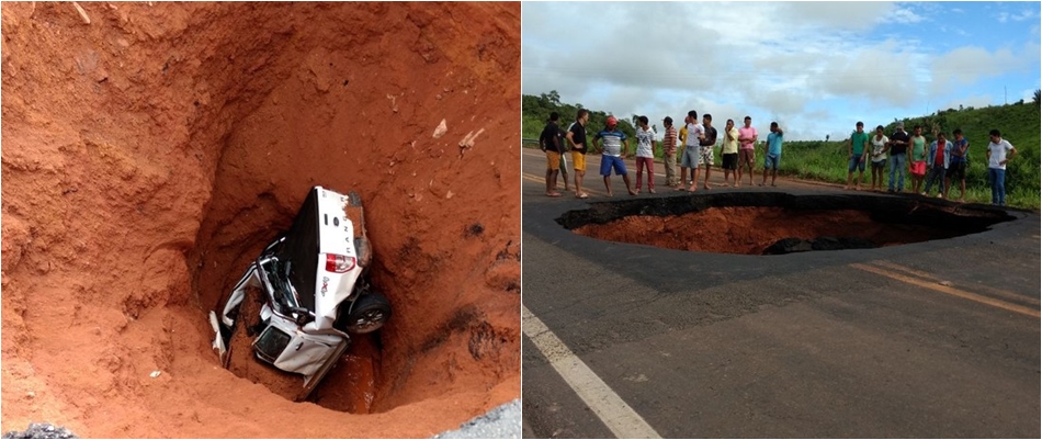 Carro cai em cratera gigantesca no Maranhão