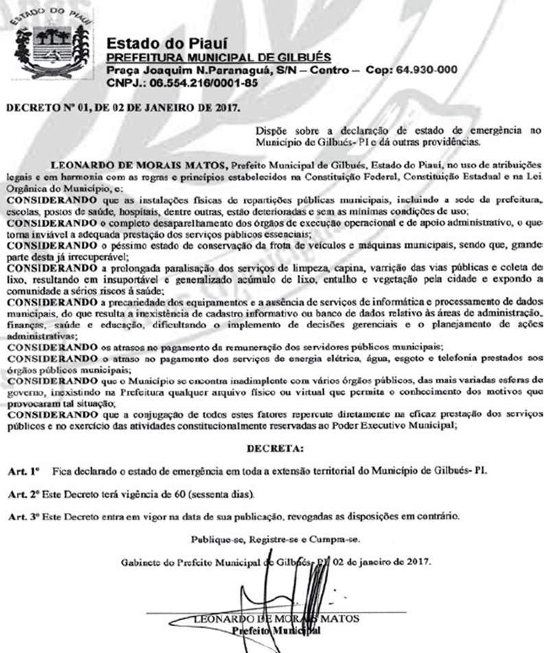 Decreto assinado pelo prefeito