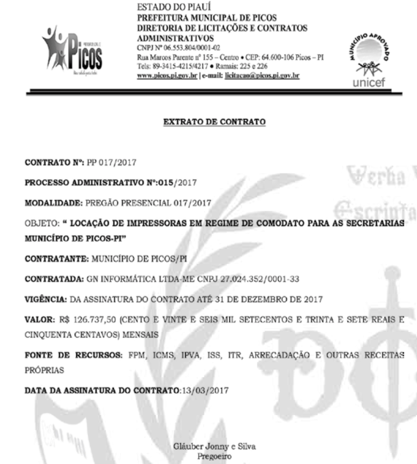 Contrato entre a Prefeitura de Picos e a empresa GN Informática Ltda ­ME