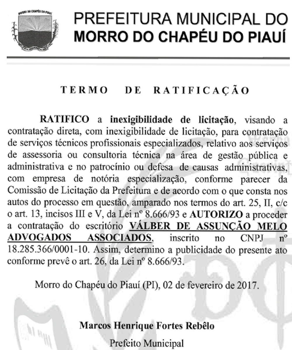 Contrato sem licitação em Morro do Chapéu