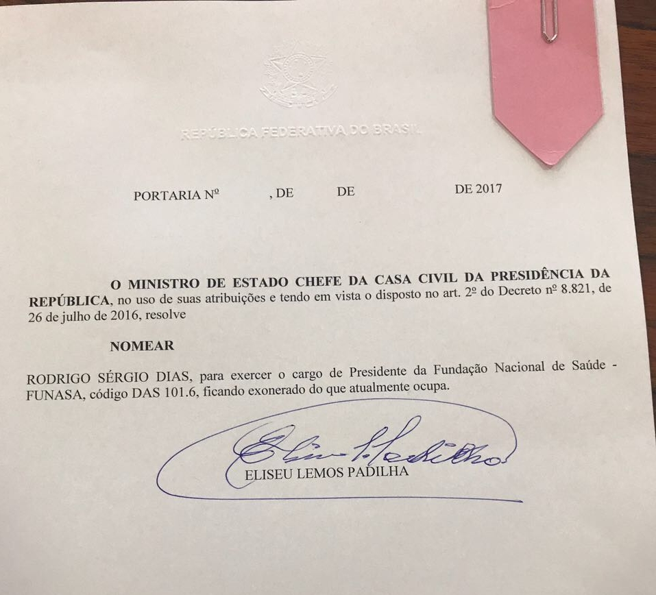 Portaria com a nomeação do advogado Rodrigo Sérgio Dias para a Funasa