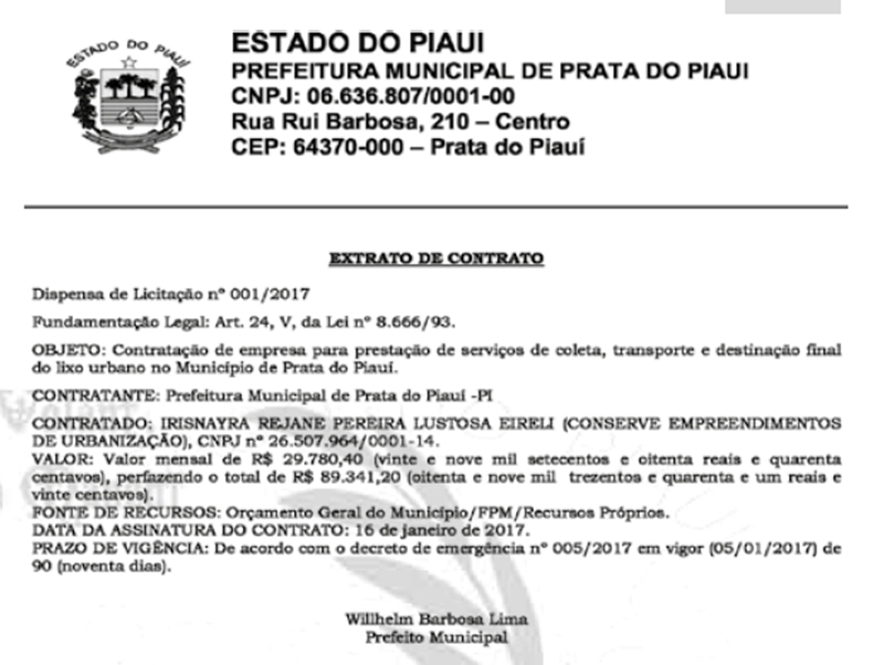 Primeiro contrato realizado entre a prefeitura de Prata do Piauí e a empresa