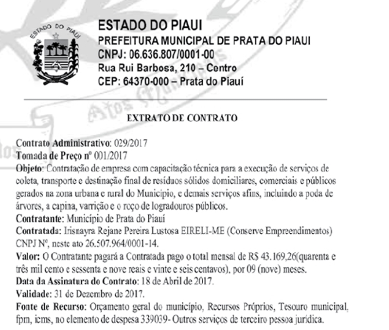 Segundo contrato realizado entre a prefeitura de Prata do Piauí e a empresa