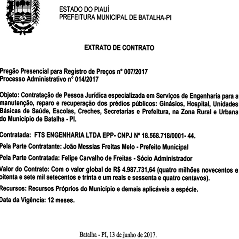 Extrato mostra contratação da FTS Engenharia pela prefeitura de Batalha