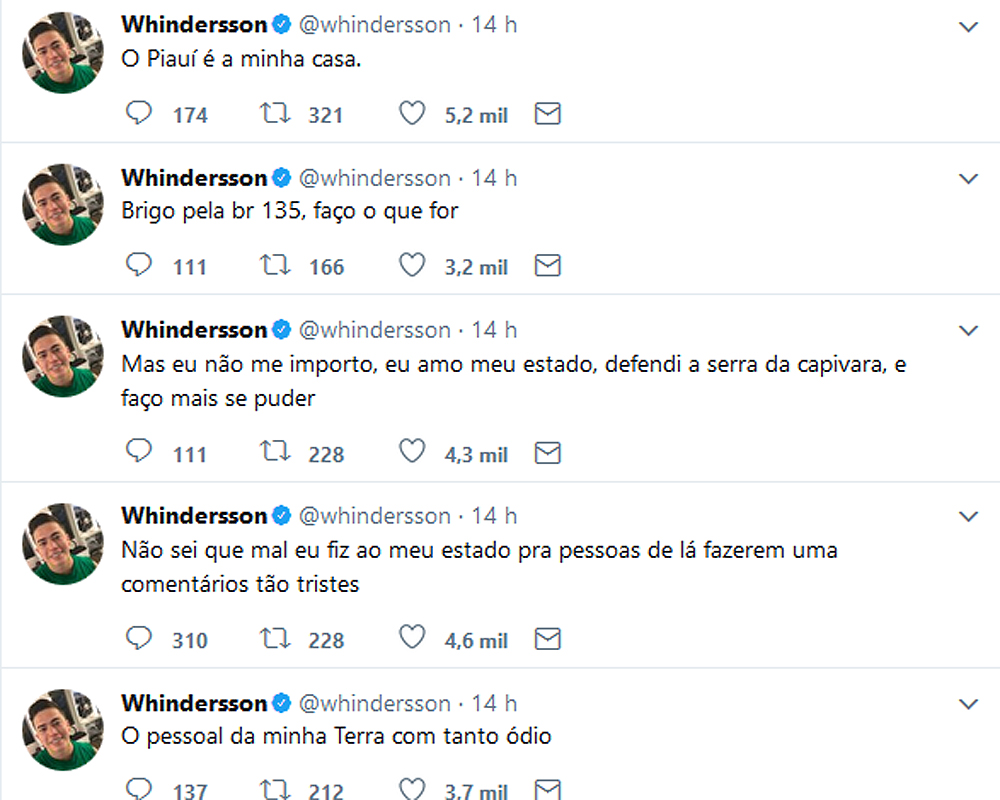 Whindersson Nunes em postagem  no Twitter