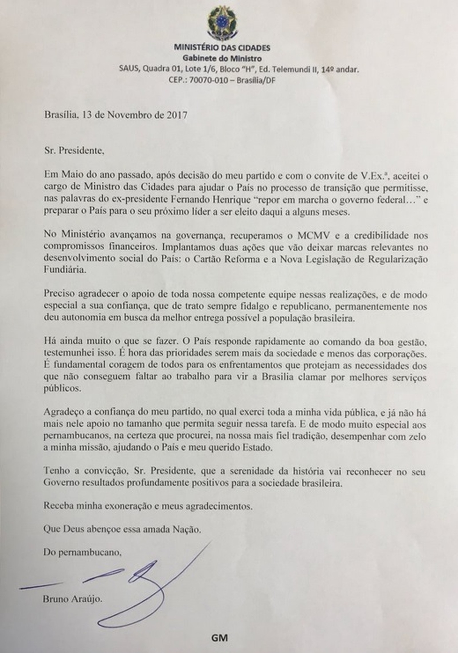 Carta de demissão de Bruno Araújo