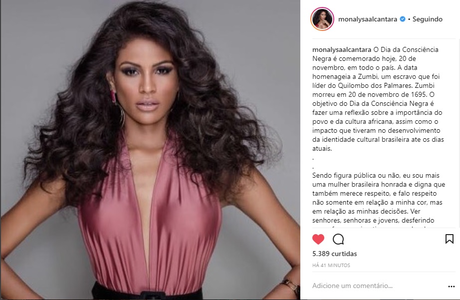 Miss Brasil se manifesta sobre o Dia nacional da Consciência Negra 