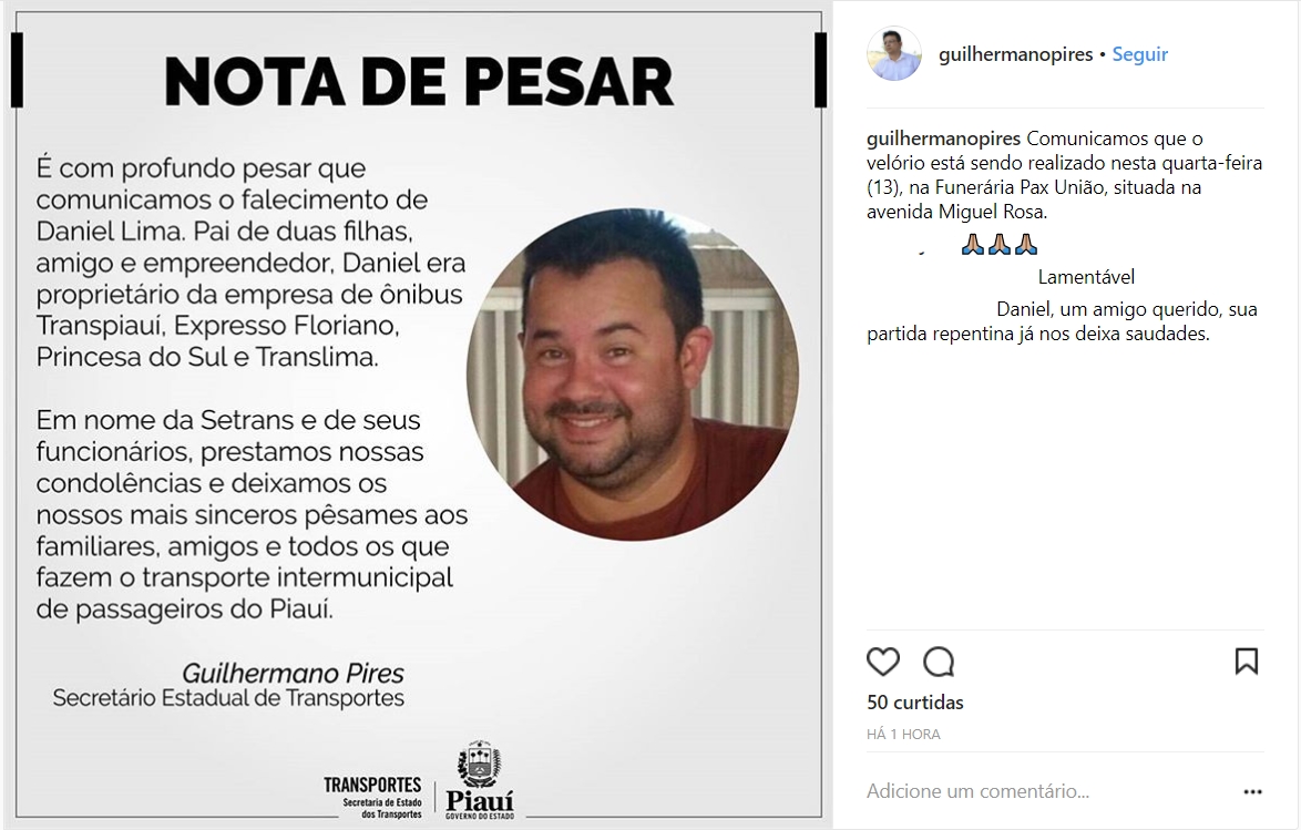 Guilhermano Pires comunica morte do empresário Daniel Lima