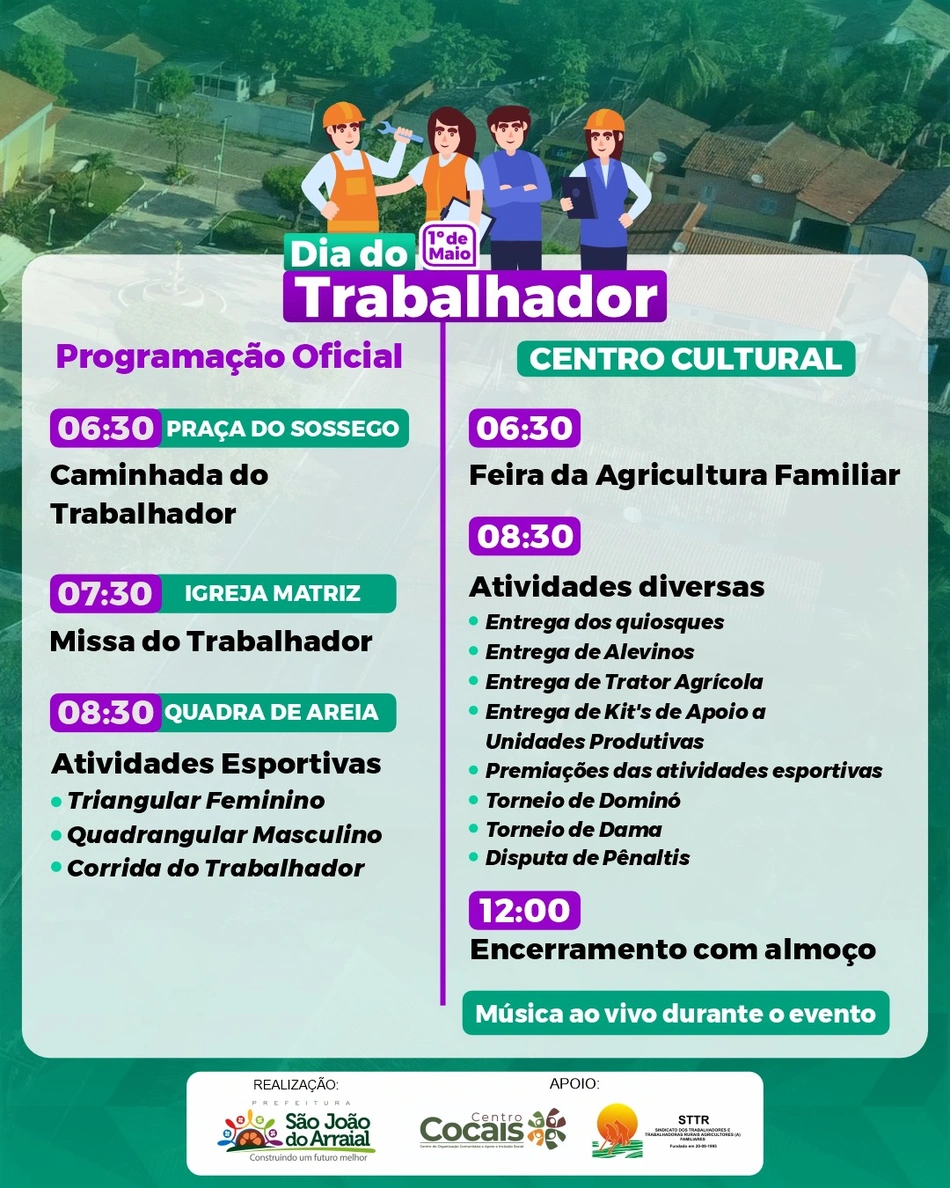 Prefeitura de São João do Arraial divulga programação do dia trabalho
