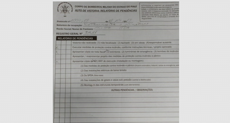 Alvará do Corpo de Bombeiros com pendências