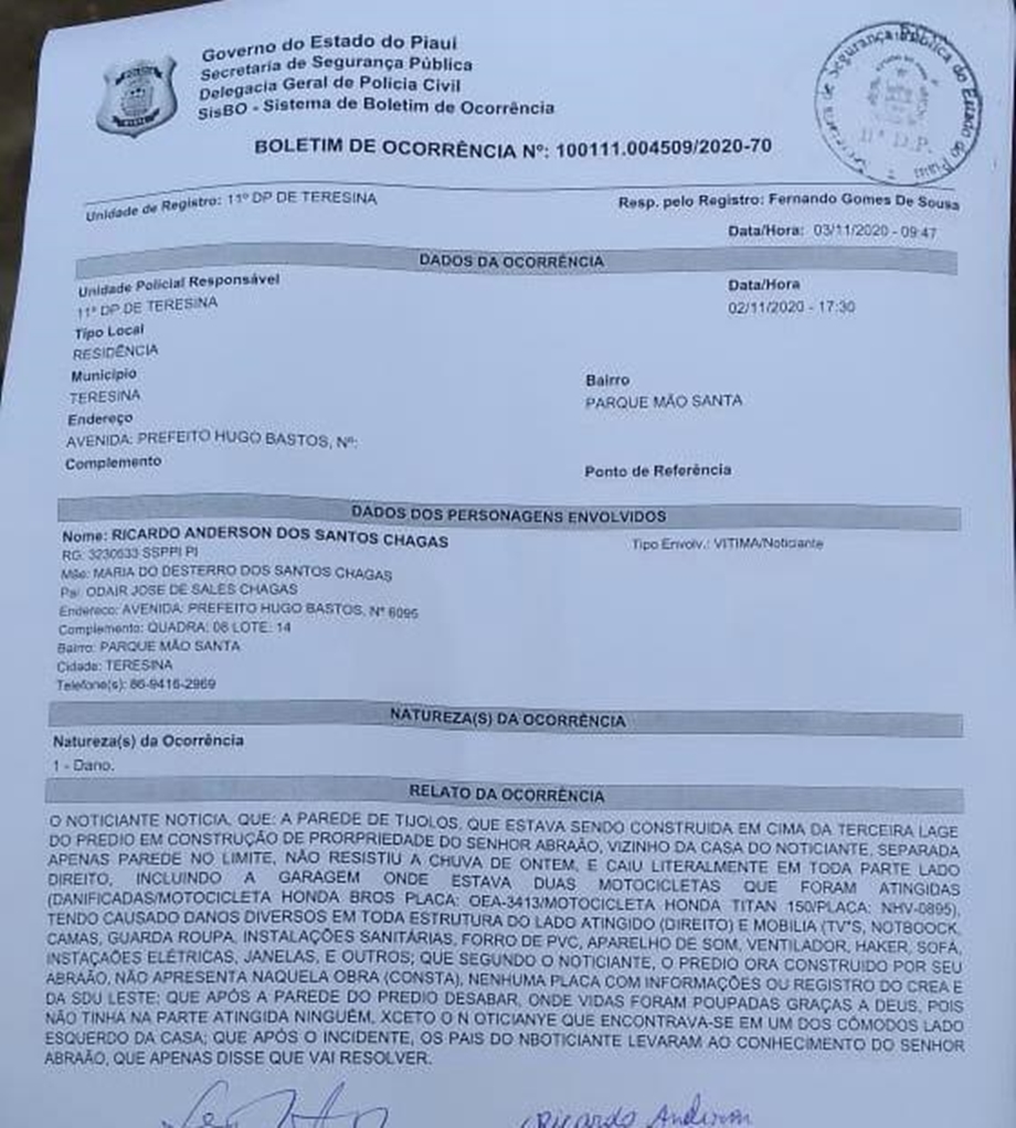 Boletim de ocorrência registrado