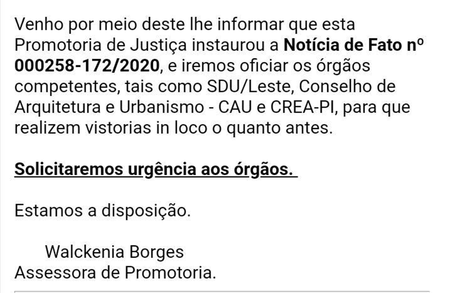 Nota da Promotoria de Justiça