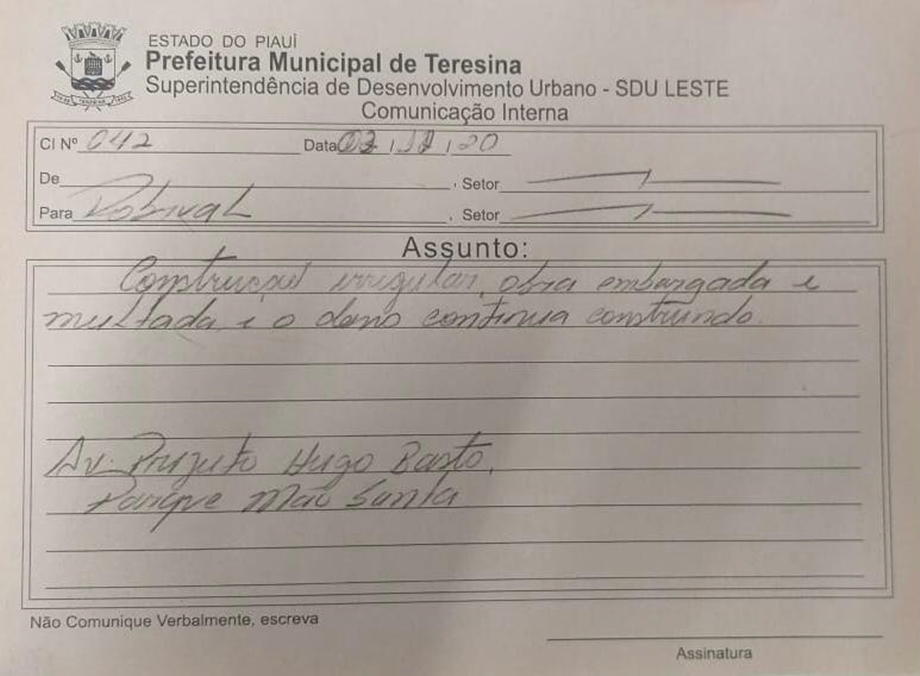 Processo na SDU leste