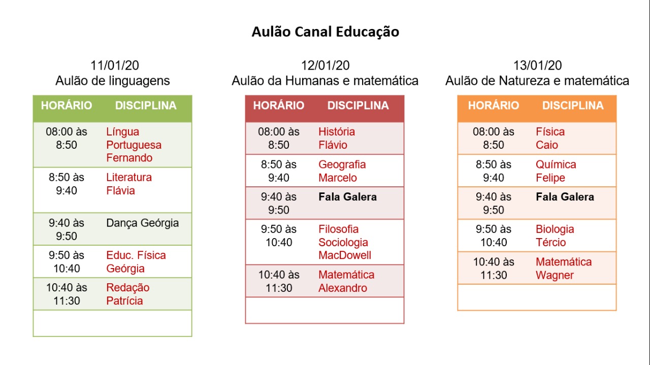 Cronograma das aulas que serão transmitidas no Canal Educação