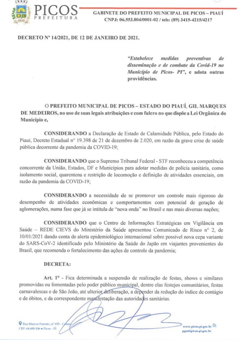Decreto da Prefeitura de Picos