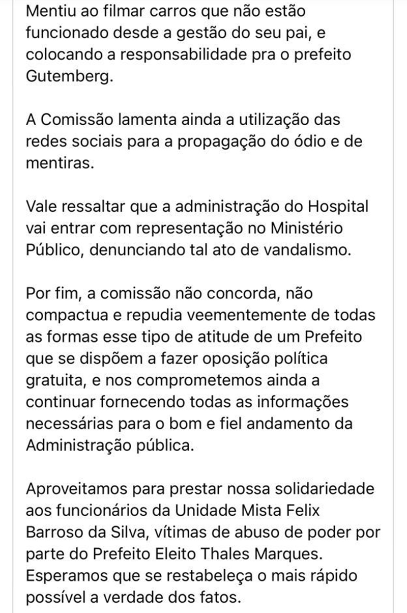 Nota de esclarecimento do ex-prefeito de Paes Landim