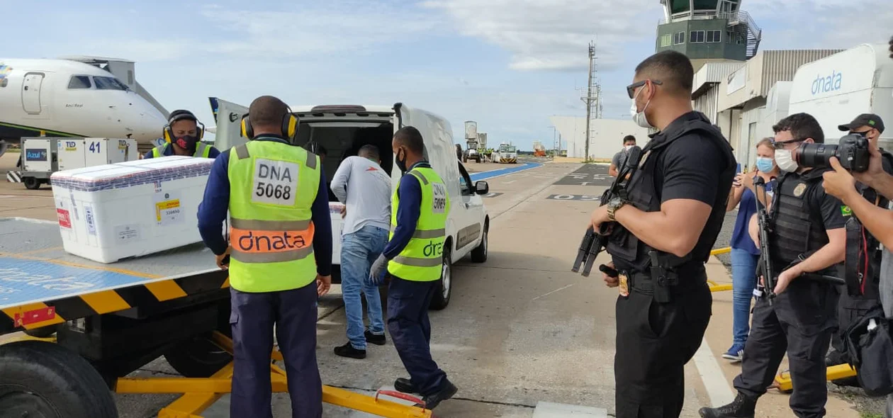 O avião com os imunizantes pousou no Aeroporto Petrônio Portela
