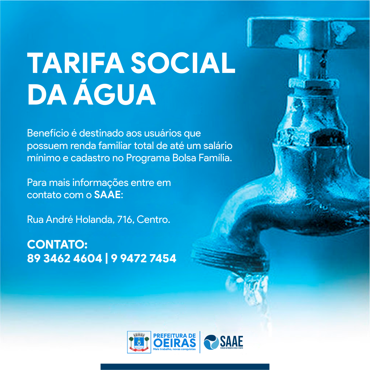SAAE já cadastrou mais de 300 famílias na Tarifa Social em Oeiras