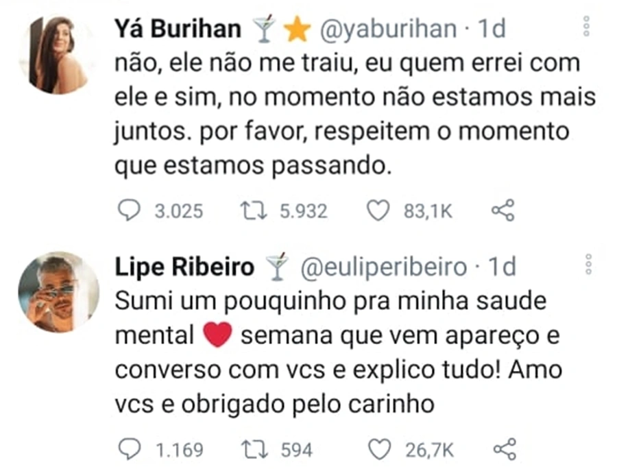 Yá e Lipe terminam noivado