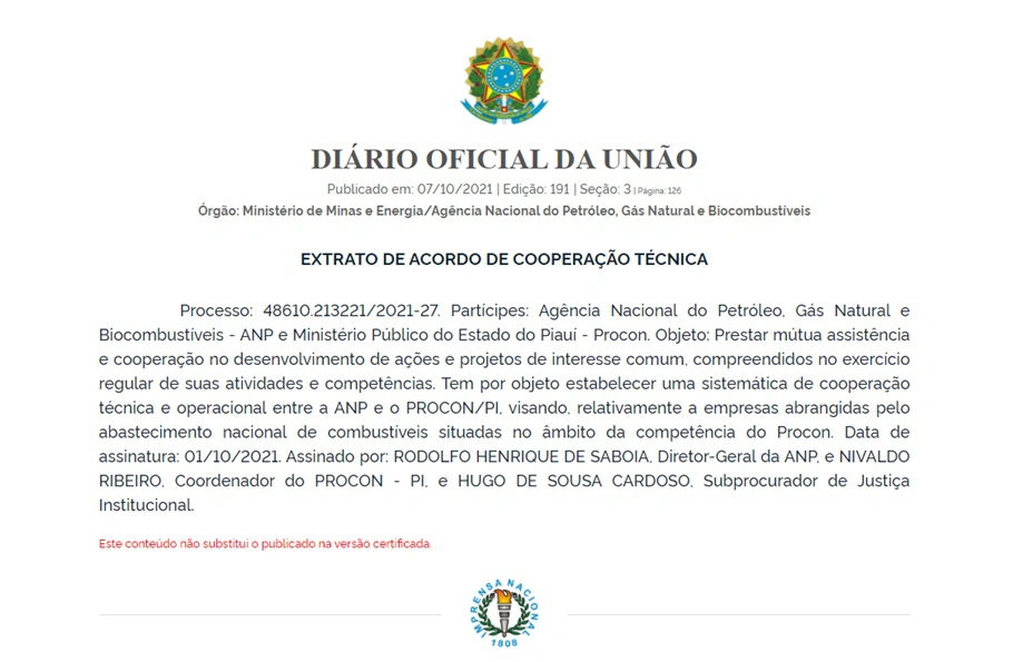 Acordo assinado entre ANP e Procon do Piauí