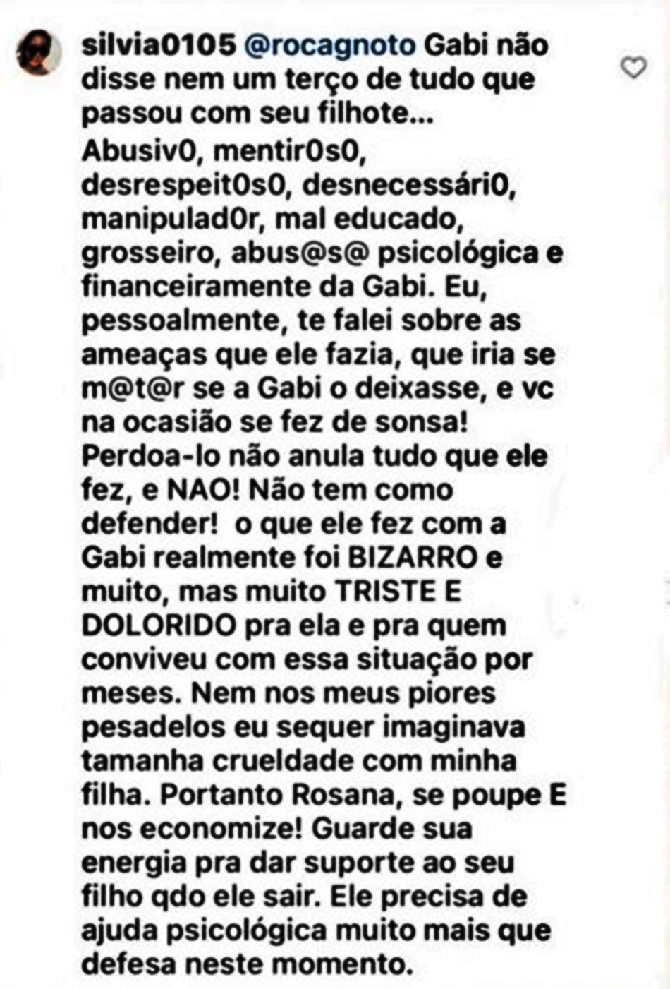 mãe de Gabi Brandt, rebate as críticas da mãe do ex-namorado da influenciadora.