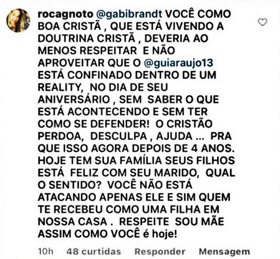 mãe de Gui Araújp, critica Gabi Brandt nas redes sociais