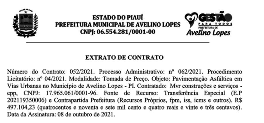 Prefeito contrata empresa do Maranhão para fazer obra em Avelino Lopes