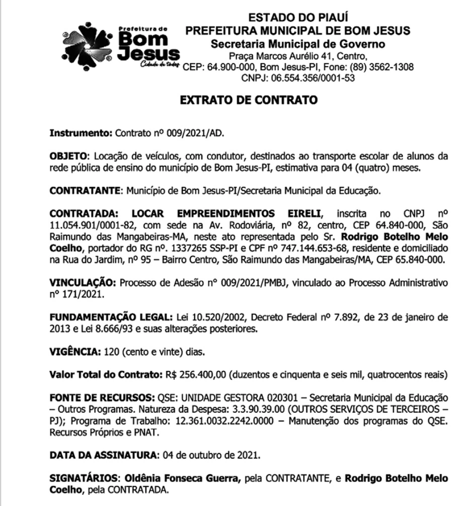 Prefeito de Bom Jesus vai alugar veículos em empresa do Maranhão