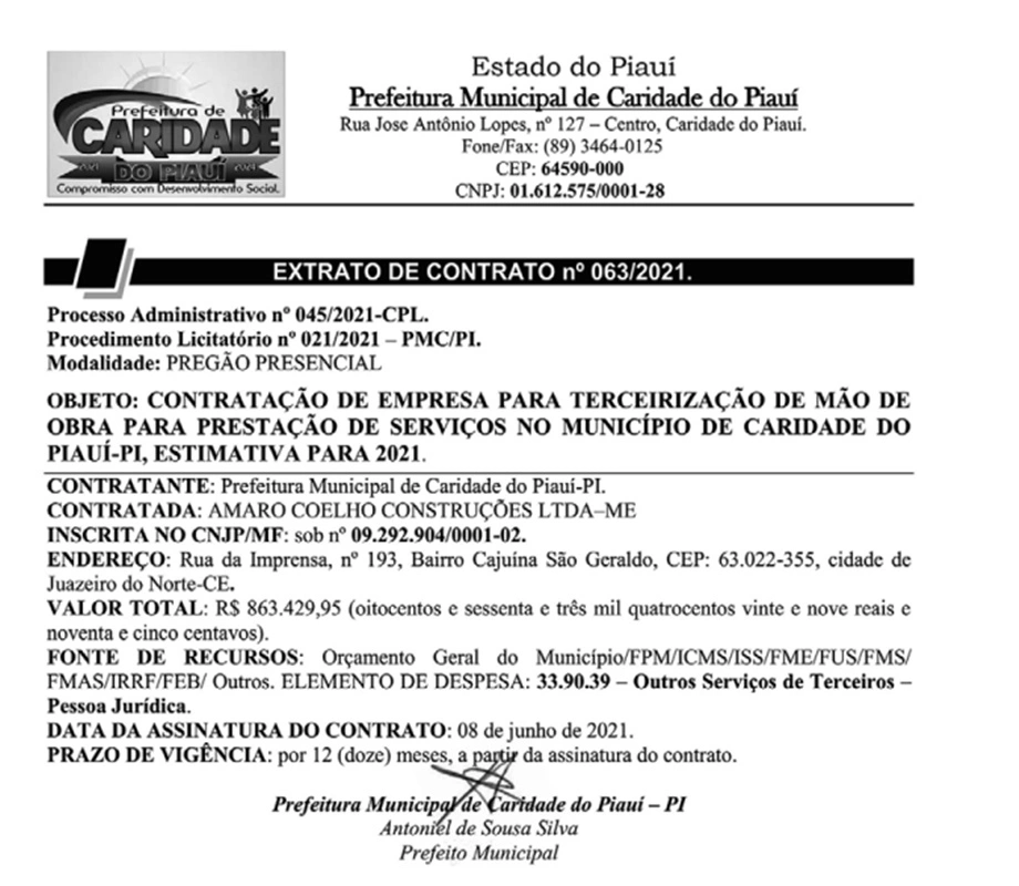 Prefeito de Caridade do Piauí contrata empresa do Ceará por R$ 863 mil
