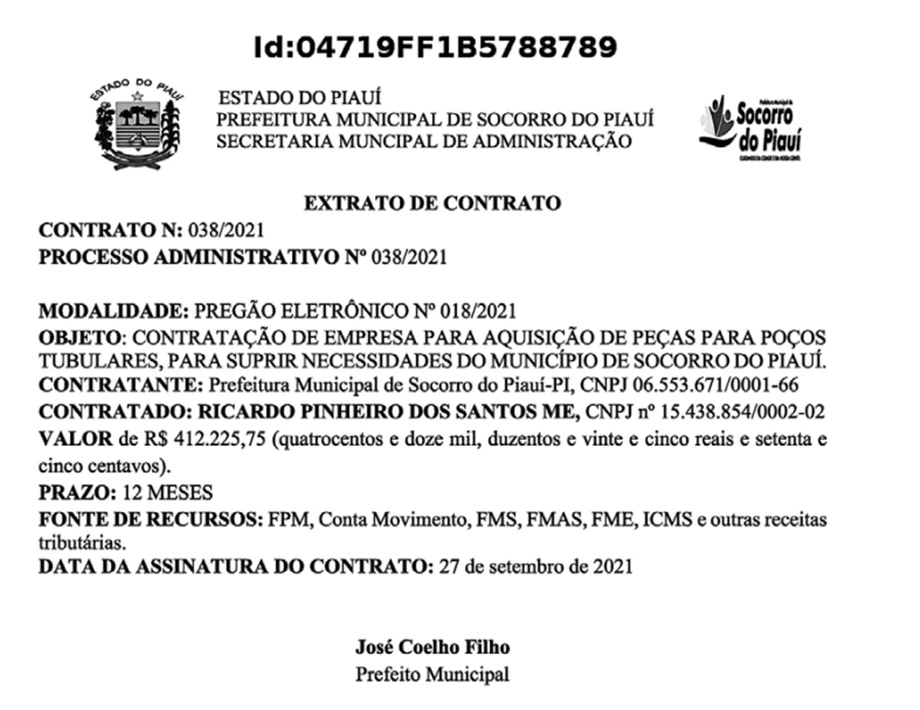 Prefeito de Socorro do Piauí vai gastar R$ 412 mil com peças para poços