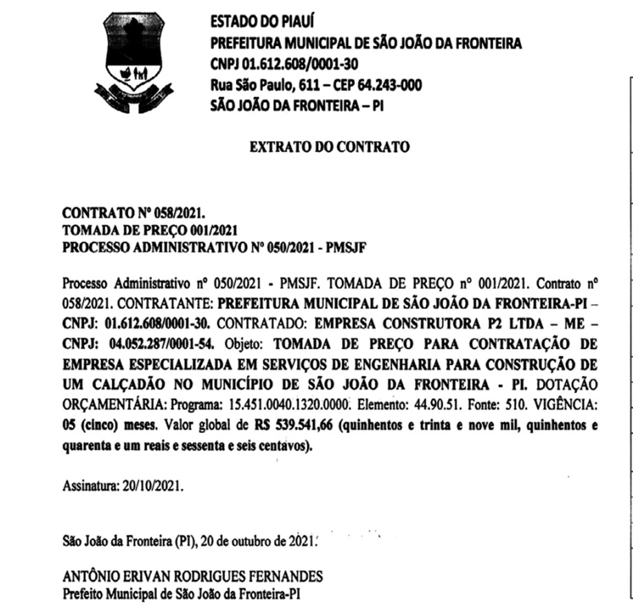 Prefeito Erivan O Gongo vai gastar R$ 539 mil com construção de calçada