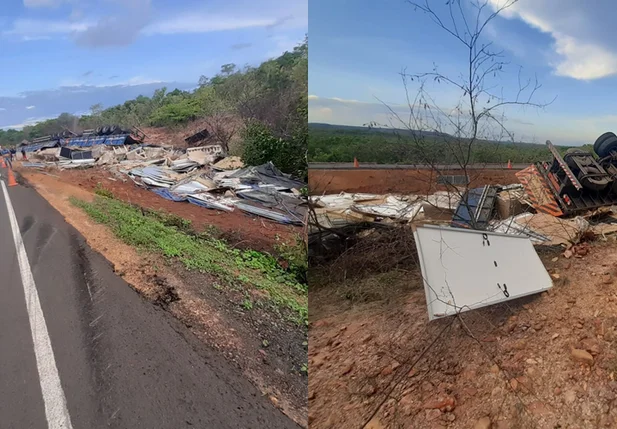 Caminhão tombou na BR 135