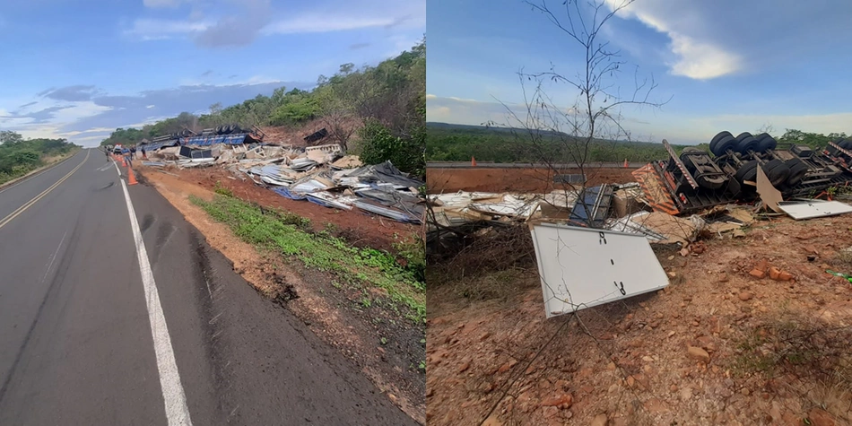 Caminhão tombou na BR 135