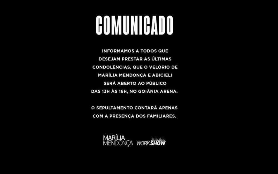 Comunicado da assessoria de imprensa da cantora Marília Mendonça