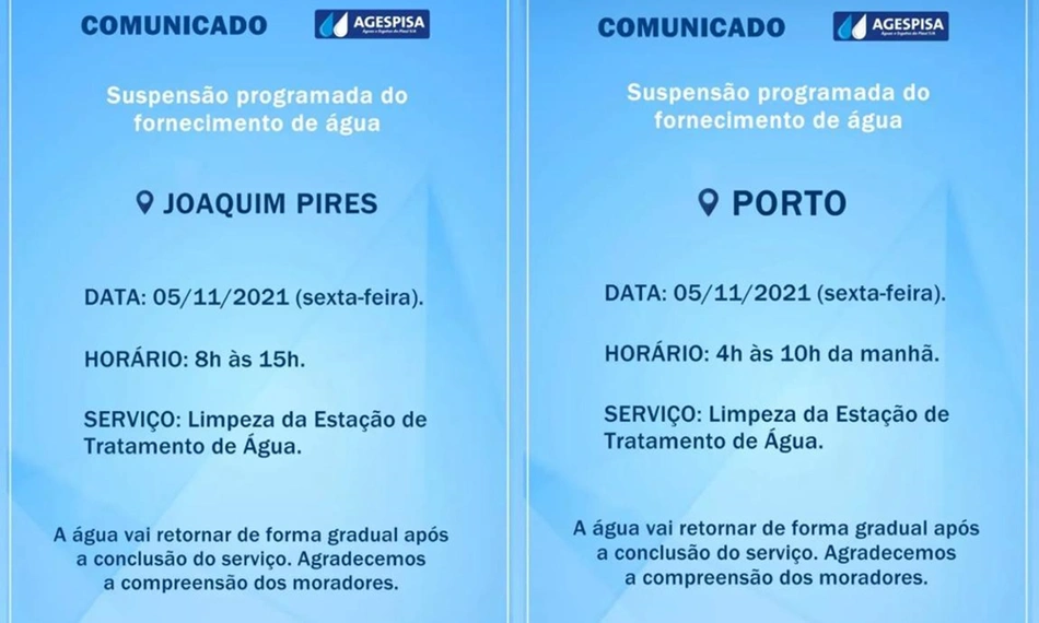 Comunicados da Agespisa sobre suspensão de água em Joaquim Pires e Porto