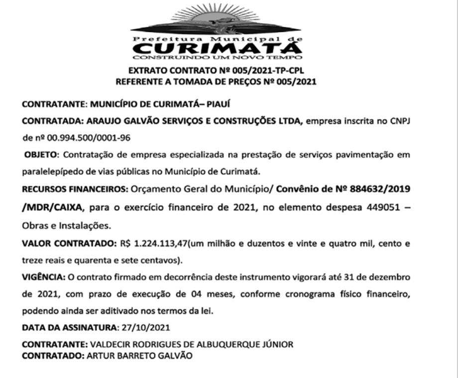 Prefeito de Curimatá contrata empresa da Bahia por R$ 1,2 milhão