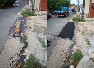 À esquerda o esgoto antes de ser coberto e à direita após ser coberto pelo asfalto
