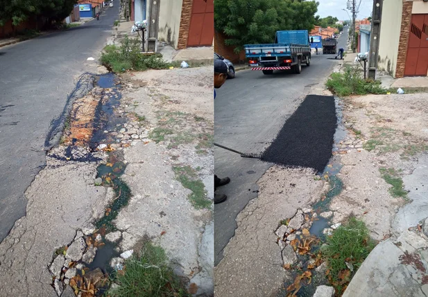 À esquerda o esgoto antes de ser coberto e à direita após ser coberto pelo asfalto