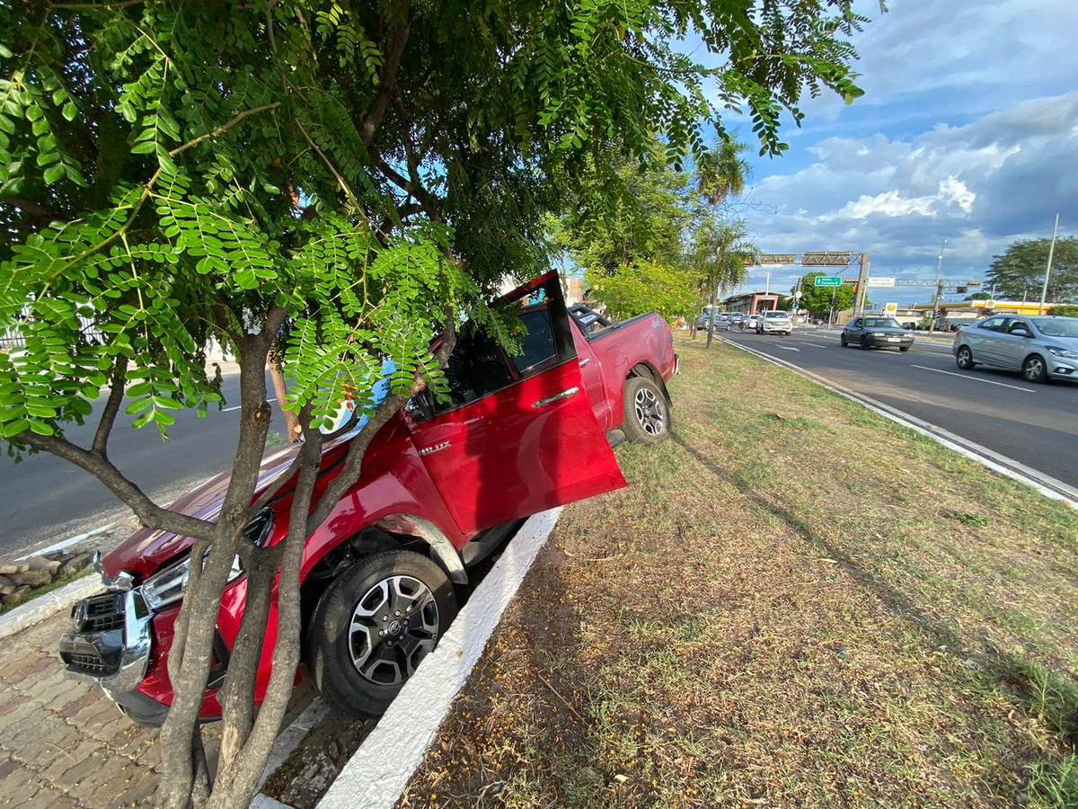 Toyota Hilux caiu da pista principal e se chocou em uma árvore