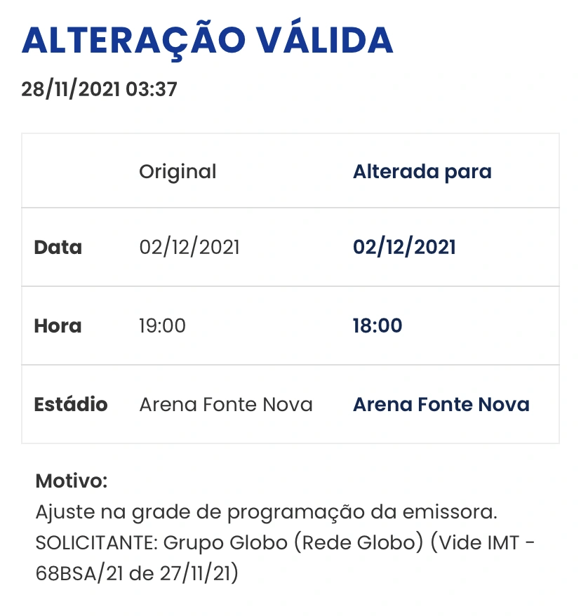 Alteração de horário do confronto entre Bahia e Atlético Mineiro, pela 32ª rodada do Brasileirão.